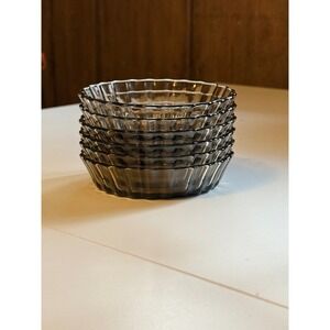 Arcopal France Smoked Glass Ramekin Custard Cup Set 6 Ribbed Scalloped Grey 4in